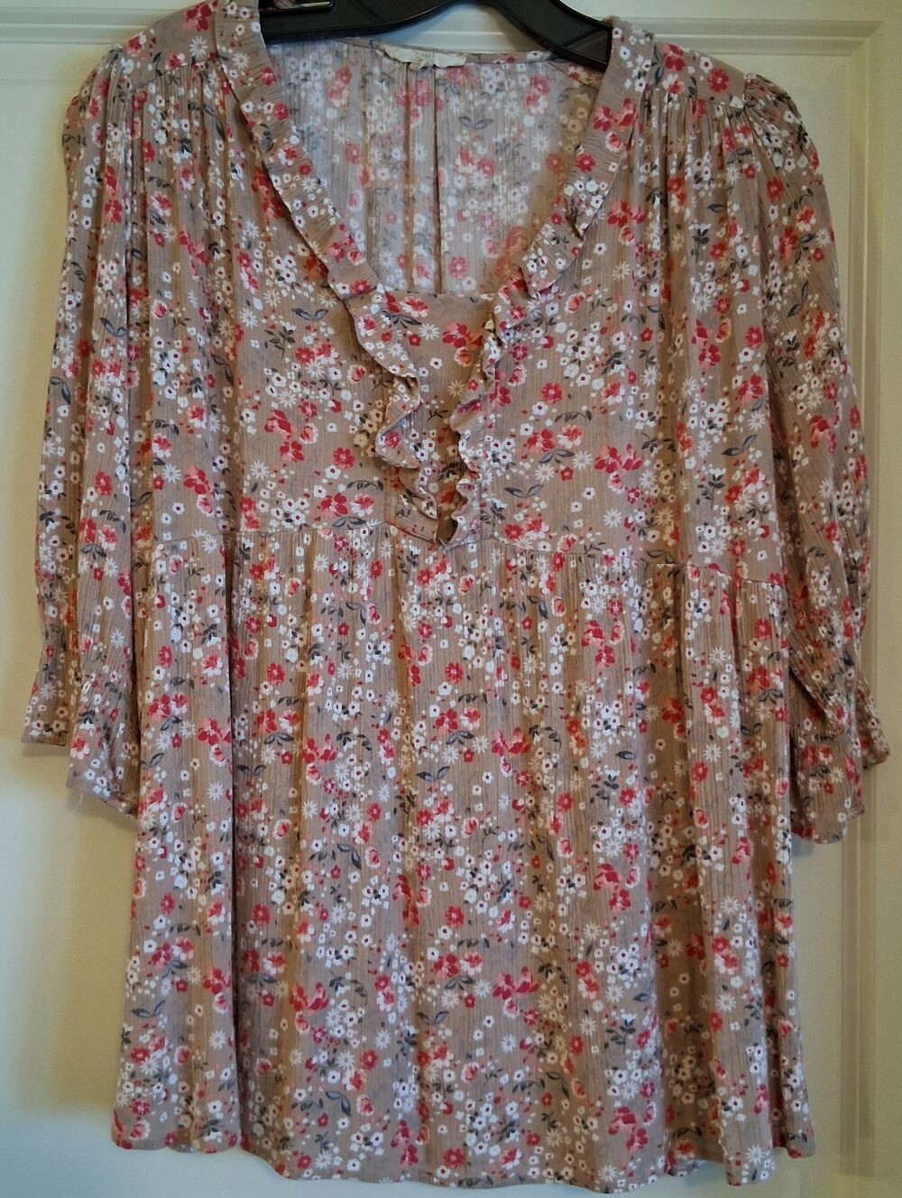 "Easel" Women's Size M Boho Peasant 3/4 Sleeve Top Blouse Taupe & Pink Floral